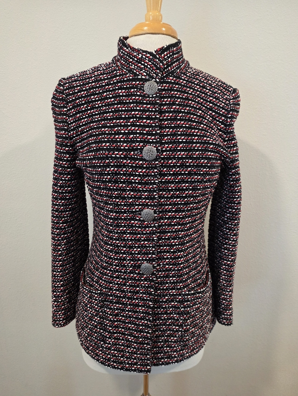 St John Mandarin Collar Black Red & White Knit Jacket